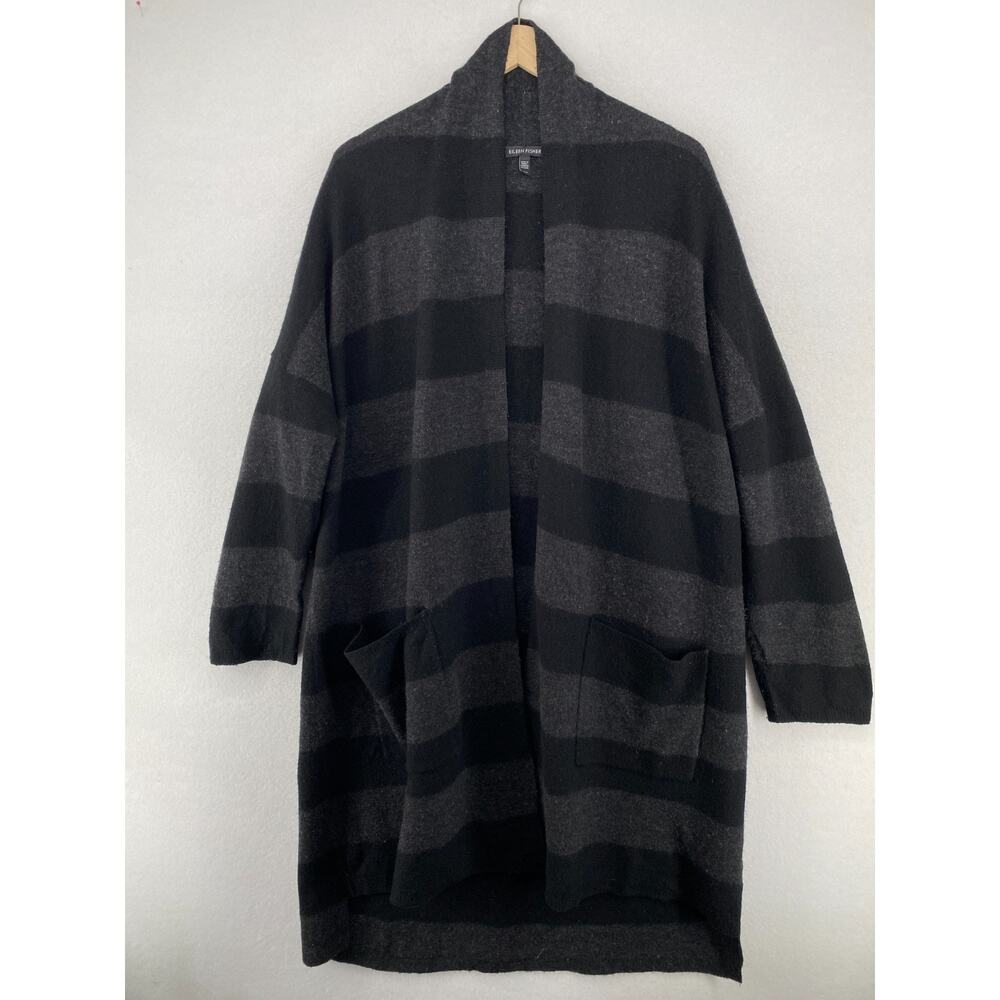 EILEEN FISHER Cardigan S Felted Merino Wool Striped Open Front Coatigan Gray